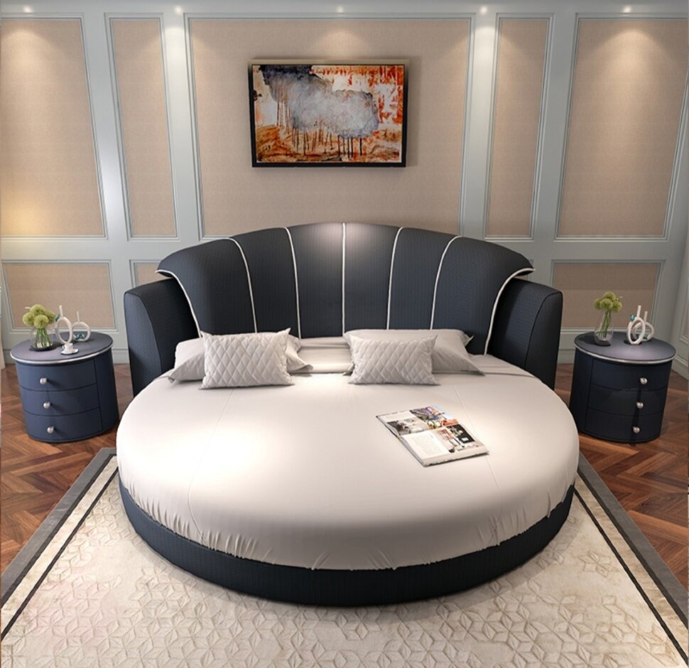 Большая круглая свадебная кровать с латексным матрацем + 2 тумбочки, цвет темно-серый