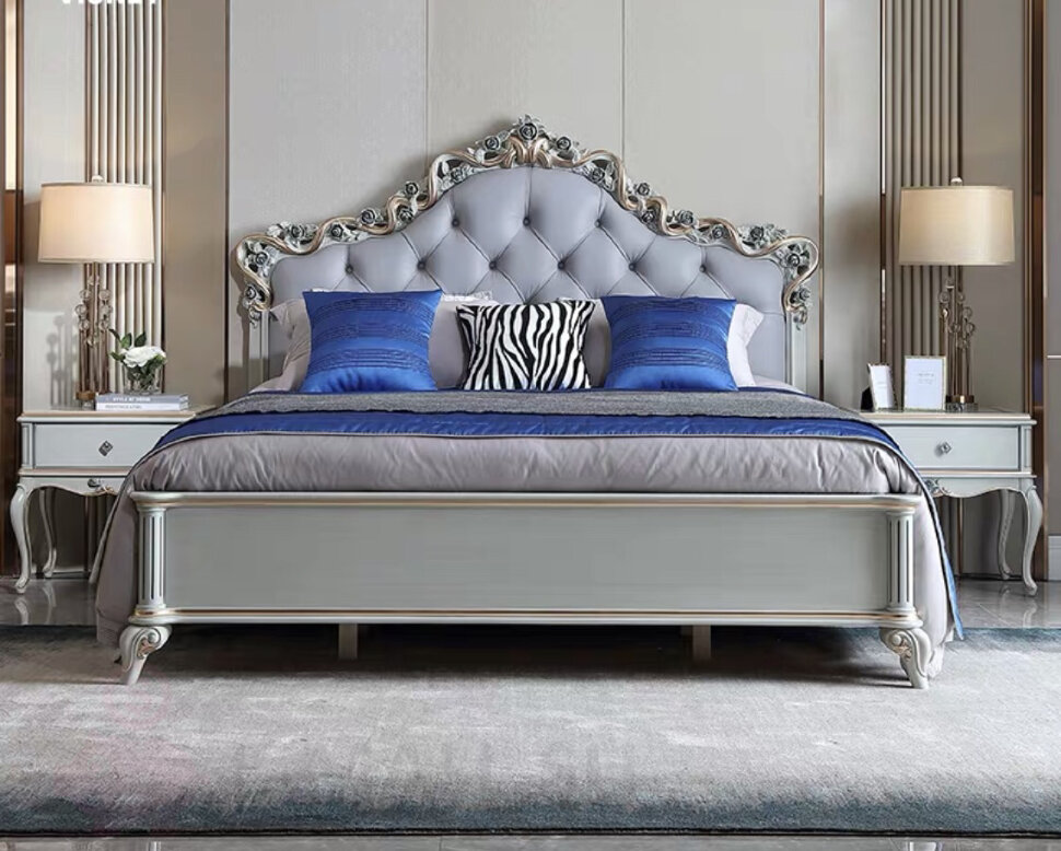 Роскошная кровать Feronia 1,8 м во французском стиле из натурального дерева и натуральной кожи, Кровать Feronia