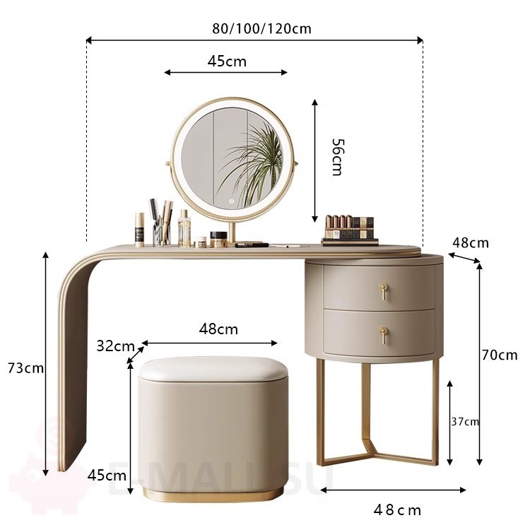 Элегантный туалетный столик 80 см покрытый кожей с круглой тумбой и изогнутой столешницей