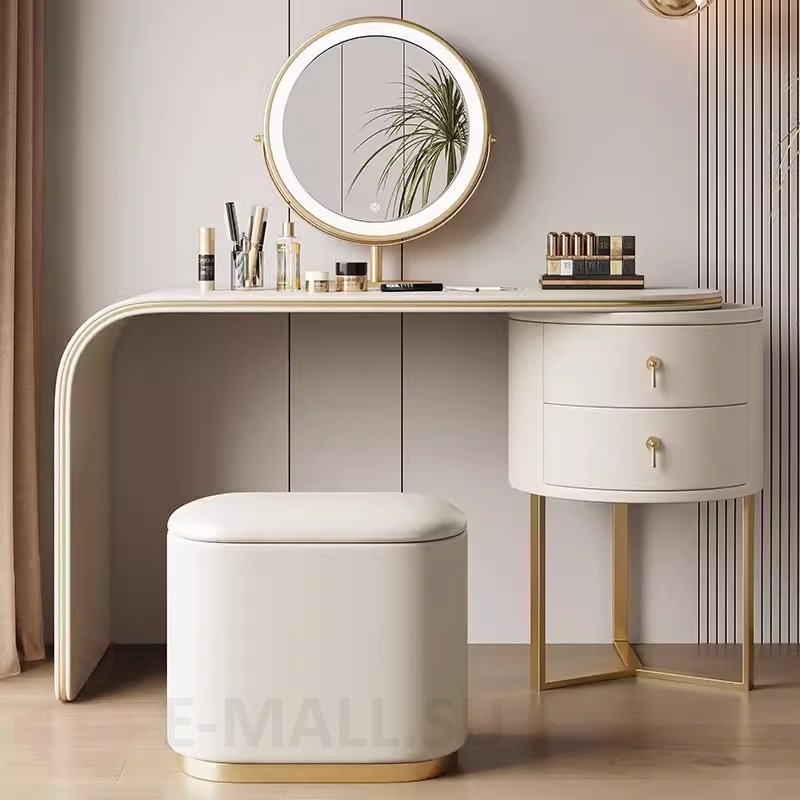 Элегантный туалетный столик 100 см покрытый кожей с круглой тумбой и изогнутой столешницей, кремовый столик 100 см + зеркало + пуф
