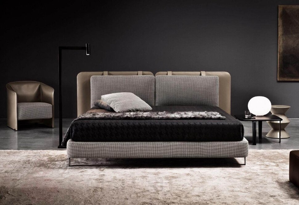 Светло-серая кровать с бежевым кожаным изголовьем 1,8, современный дизайн, 1800*2000 кровать + матрас + 1 тумбочка