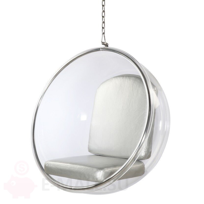Кресло пузырь Bubble Chair, прозрачное подвесное размер 106 см, серебро, Кожа искусственная