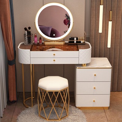 Туалетный столик со стеклянной столешницей, зеркалом и стулом, 80 см белый столик + тумба + умное зеркало + табурет