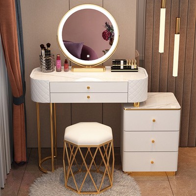 Туалетный столик с мраморной столешницей, зеркалом и стулом, 80 см белый столик + тумба + умное зеркало + табурет