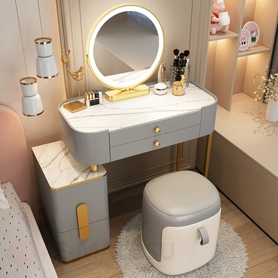 Компактный туалетный столик с тумбой, стеклянной столешницей, зеркалом и пуфом