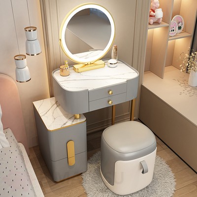Компактный туалетный столик с тумбой, керамической столешницей, зеркалом и пуфом
