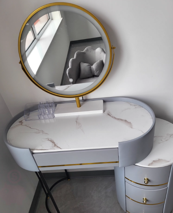 Туалетный столик 80 см овальный с мраморной столешницей (керамика), тумбой, зеркалом и стулом