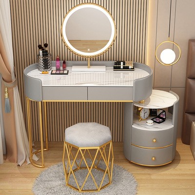 Туалетный столик 100 см овальный с мраморной столешницей, тумбой, зеркалом и стулом, серый столик + тумба + умное зеркало + серый табурет