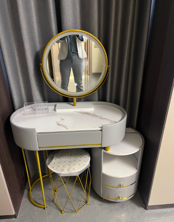 Туалетный столик 100 см овальный с мраморной столешницей, тумбой, зеркалом и стулом