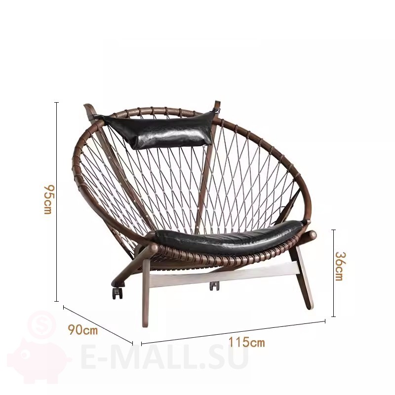 Дизайнерское современное кресло Hans J Wegner Style PP 130 Hoop Chair, темный орех черная кожа, оригинальное качество