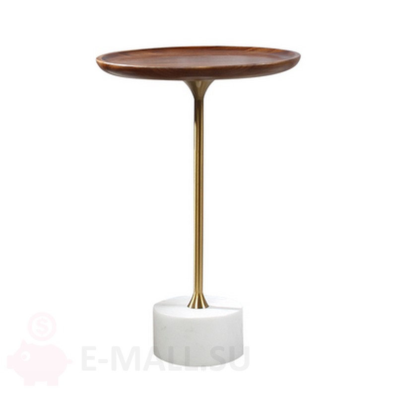 Стильный кофейный столик с деревянным блюдом на металлической ножке Белый мрамор