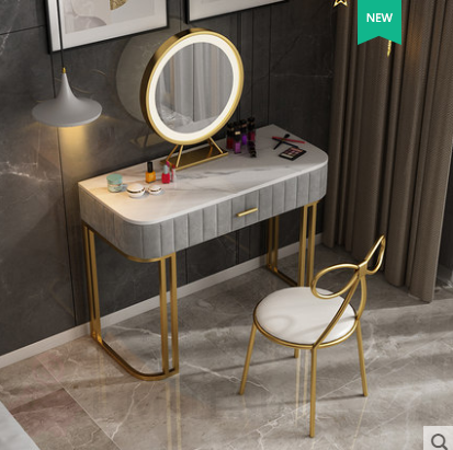 Туалетный столик на металлических ножках с мраморной столешницей и зеркалом, столик с одним ящиком + зеркало + стул 80*40*75 серый