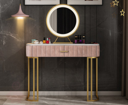 Туалетный столик на металлических ножках с мраморной столешницей и зеркалом, только столик с одним ящиком 80*40*75 розовый (без зеркала и стула)