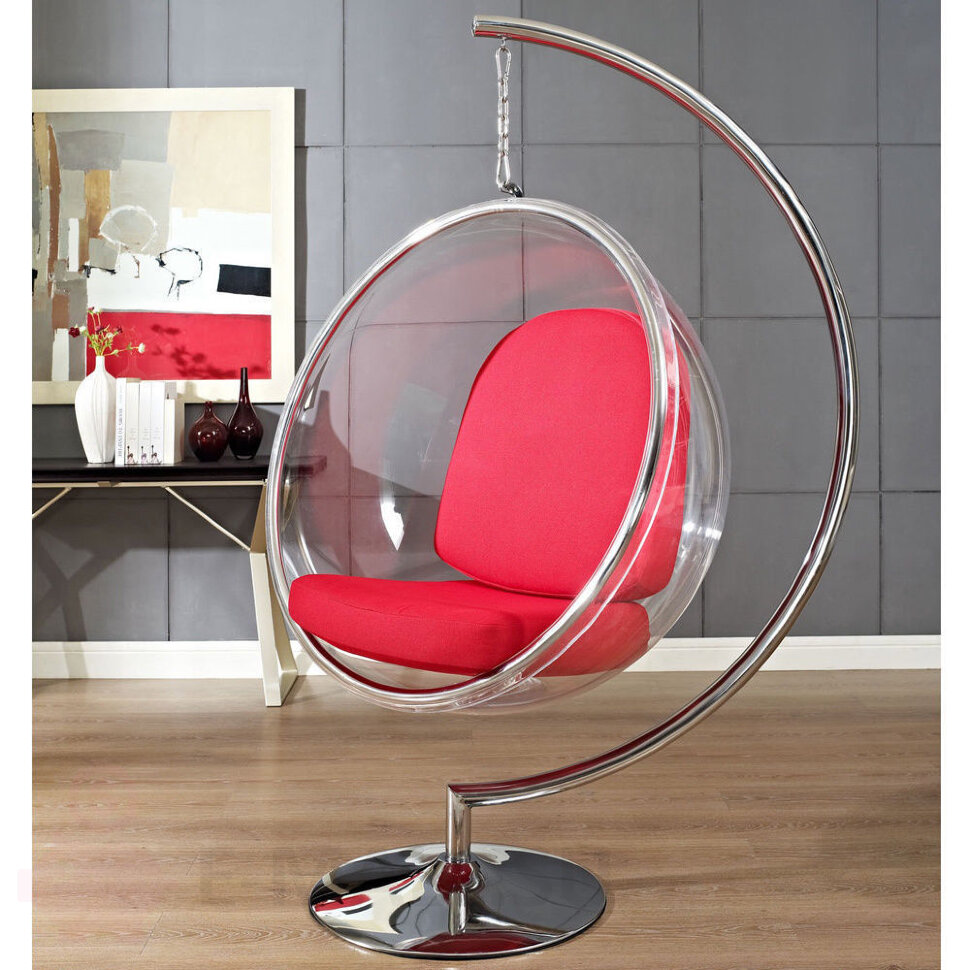 Кресло пузырь Bubble Chair Base, подвесное на ножке размер 113 см красный, Лён, хром