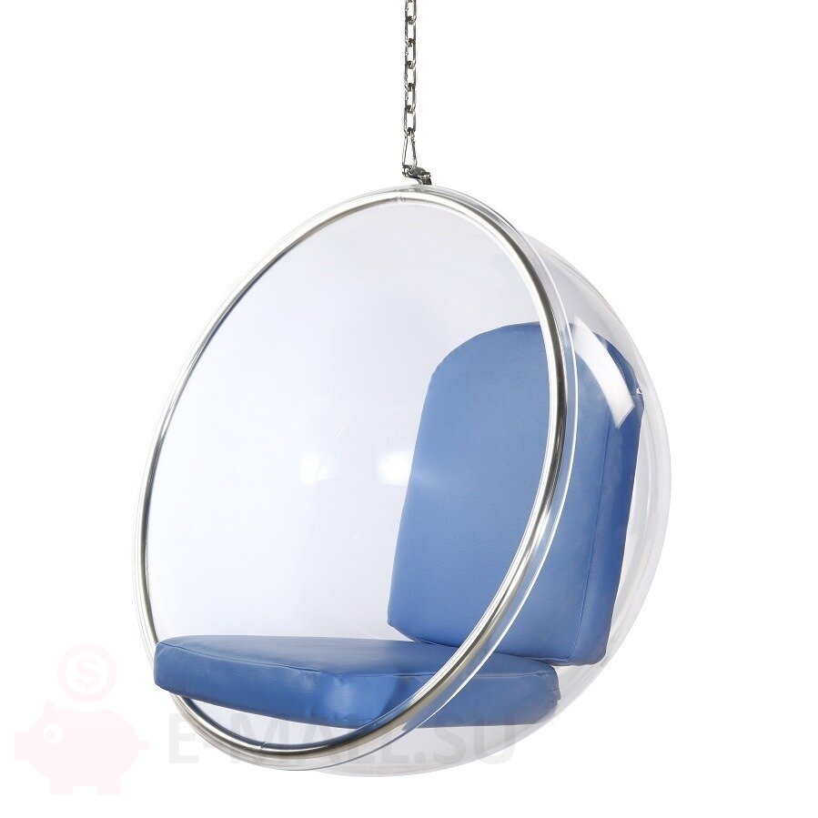 Кресло пузырь Bubble Chair, прозрачное подвесное размер 113 см, синий, Лён