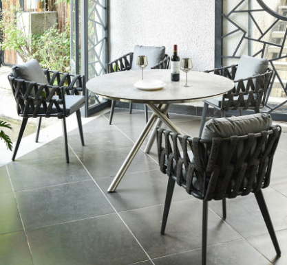 Современная уличная мебель для сада столы и стулья в стиле B&B, 4 стула + круглый стол HPL, ножки нерж. сталь 120 см