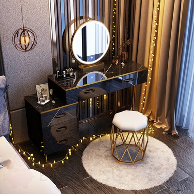 Туалетный столик 80 см черного цвета с рисунком под мрамор, тумбой и зеркалом