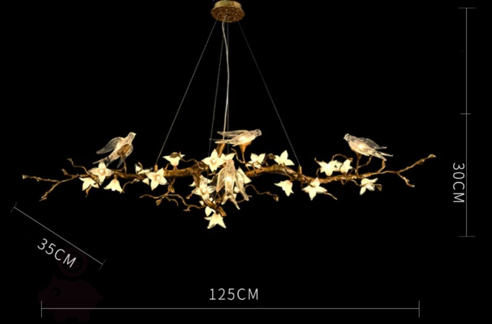 Люстра Swallows on a branch, Люстра с ласточками и цветочками/125см/22 лампочки