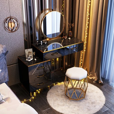 Туалетный столик 100 см со столешницей из черного мрамора, тумбой и зеркалом