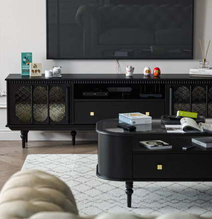 Интерьерная деревянная тумба под тв с выдвижными ящиками и со стеклянными вставками в ретро стиле Molin  