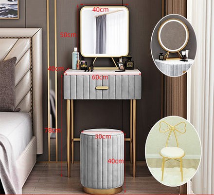 Компактный туалетный столик шириной 40/50/60 см с золотыми ножками, серый велюр ширина 60 см + пуфик + квадратное зеркало