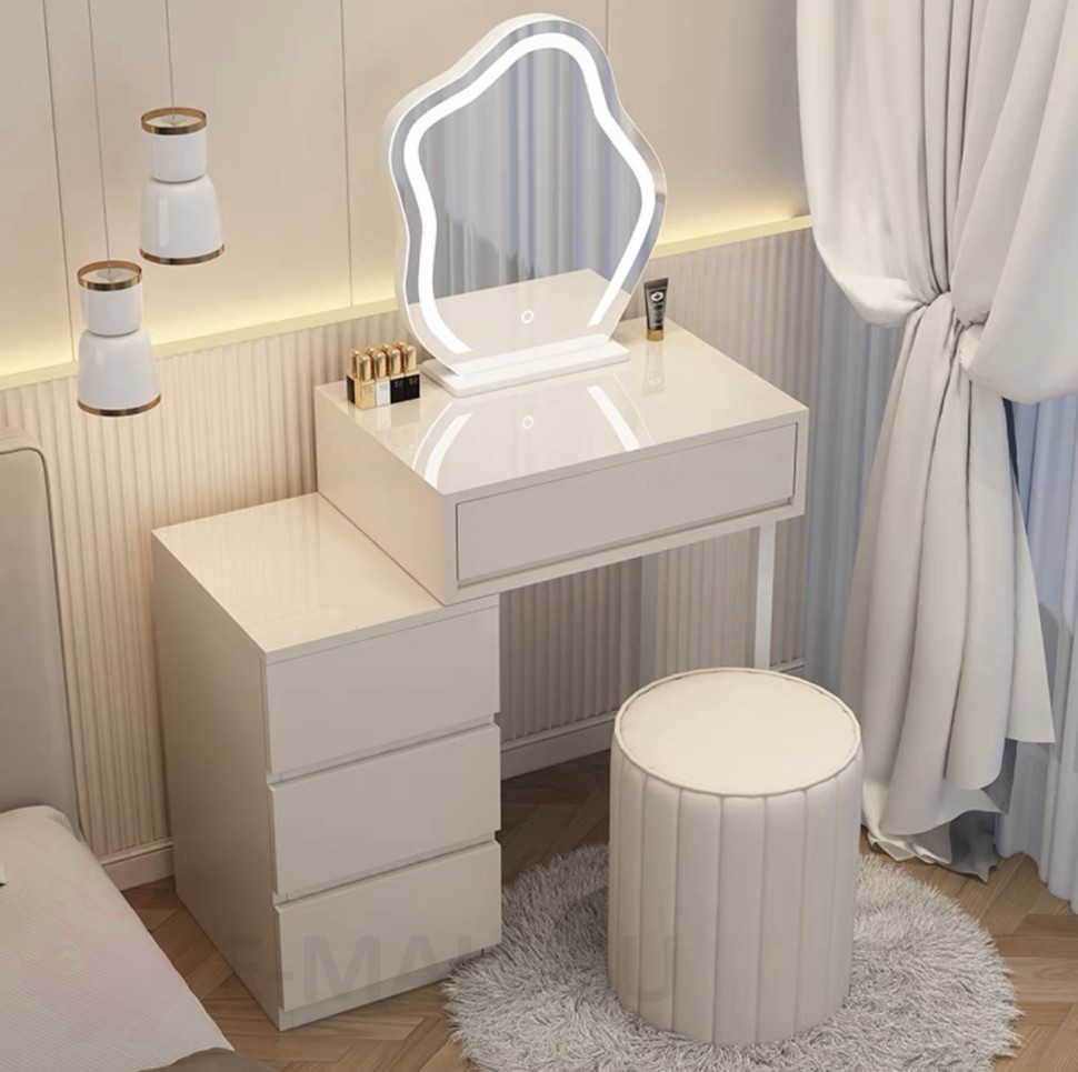 Туалетный столик Jeremiah, Стол с тумбой 50см + зеркало с подсветкой + пуф / цвет молочный
